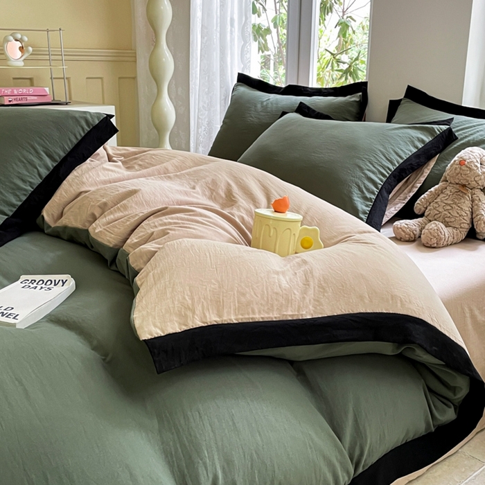 91家纺网 家纺一手货源 找家纺 慕澄家纺 2024新款美拉德风双拼四件套 美拉德-绿+浅米