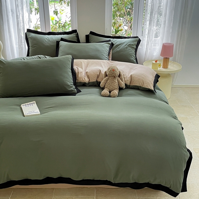 91家纺网 家纺一手货源 找家纺 慕澄家纺 2024新款美拉德风双拼四件套 美拉德-绿+浅米