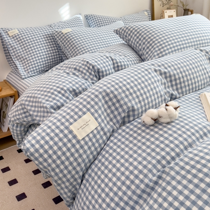 91家纺网 家纺一手货源 找家纺 2024新款无印风水洗棉亲肤简约学生三件套 天蓝小格