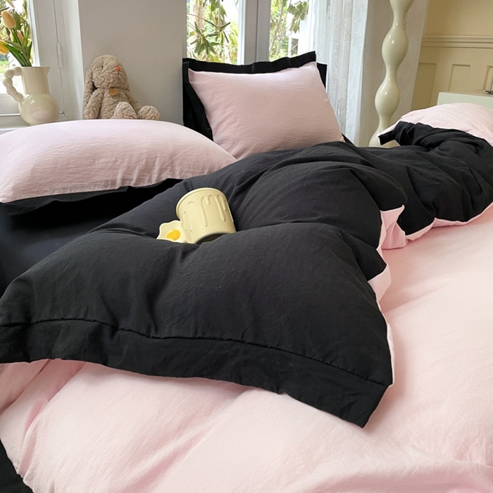 91家纺网 家纺一手货源 找家纺 慕澄家纺 2024新款美拉德风双拼四件套 美拉德-粉+黑