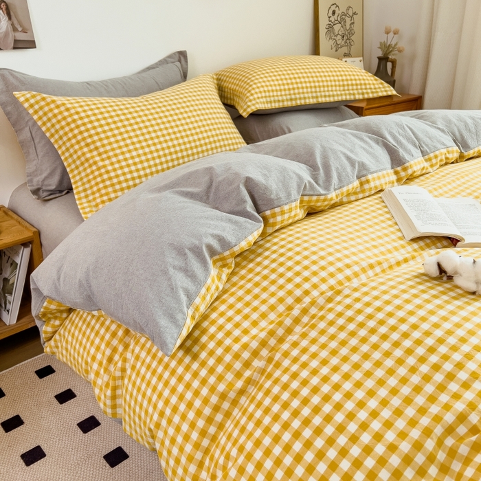 91家纺网 家纺一手货源 找家纺 2024新款无印风水洗棉亲肤简约学生三件套 小黄格