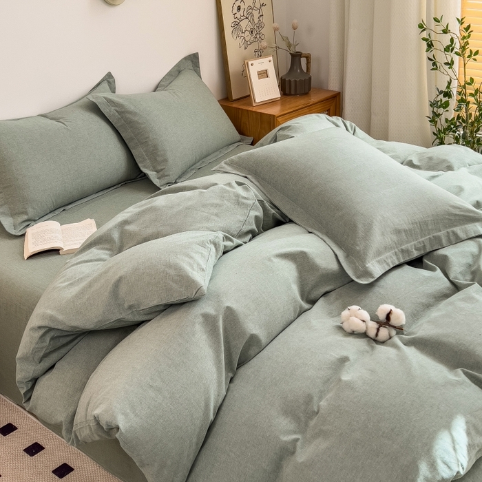 91家纺网 家纺一手货源 找家纺 2024新款无印风水洗棉亲肤简约学生三件套 薄荷绿