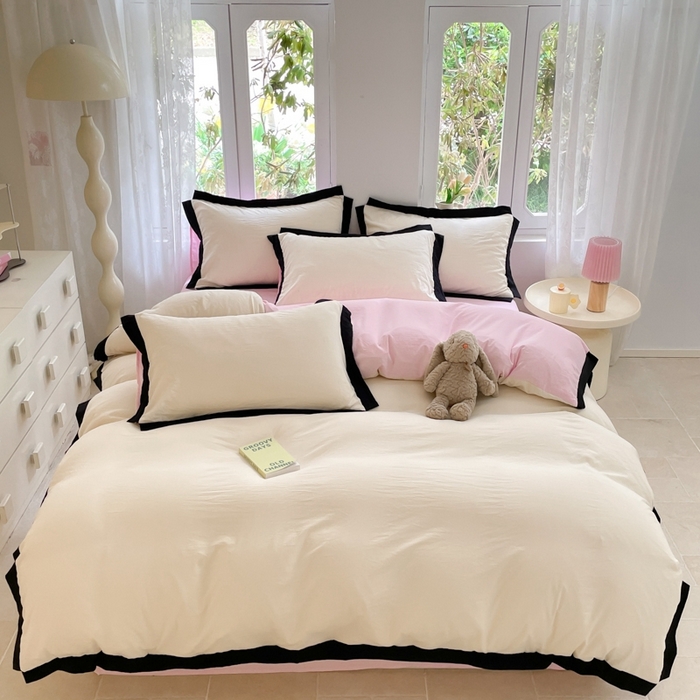 91家纺网 家纺一手货源 找家纺 慕澄家纺 2024新款美拉德风双拼四件套 美拉德-米白+浅粉