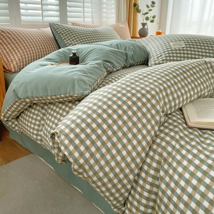 91家纺网 家纺一手货源 找家纺 2024新款无印风水洗棉亲肤简约学生三件套 小方绿