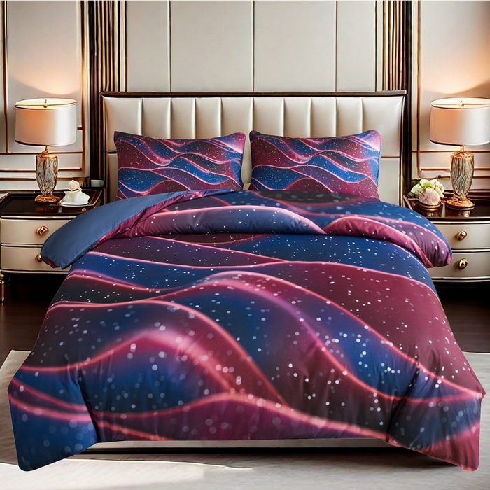 91家纺网 家纺一手货源 找家纺 璐维斯家纺 20255新款 现货 外贸跨境数码印花大版被套三件套temu shein 亚马逊床品套装床单款床笠款四件套 流星雨