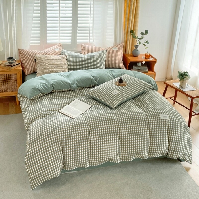 91家纺网 家纺一手货源 找家纺 2024新款无印风水洗棉亲肤简约学生三件套 小方绿