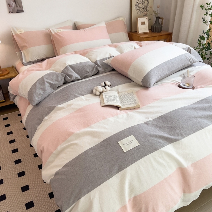 91家纺网 家纺一手货源 找家纺 2024新款无印风水洗棉亲肤简约学生三件套 桃玉粉