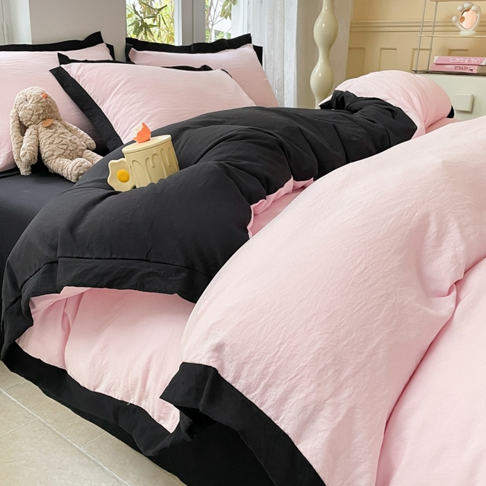 91家纺网 家纺一手货源 找家纺 慕澄家纺 2024新款美拉德风双拼四件套 美拉德-粉+黑