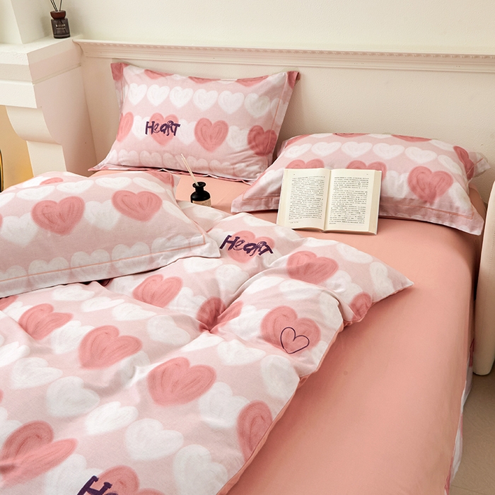 91家纺网 家纺一手货源 找家纺 橙艺家居 2024新款全棉超柔生态磨毛四件套全棉四件套纯棉四件套 心心相印-粉