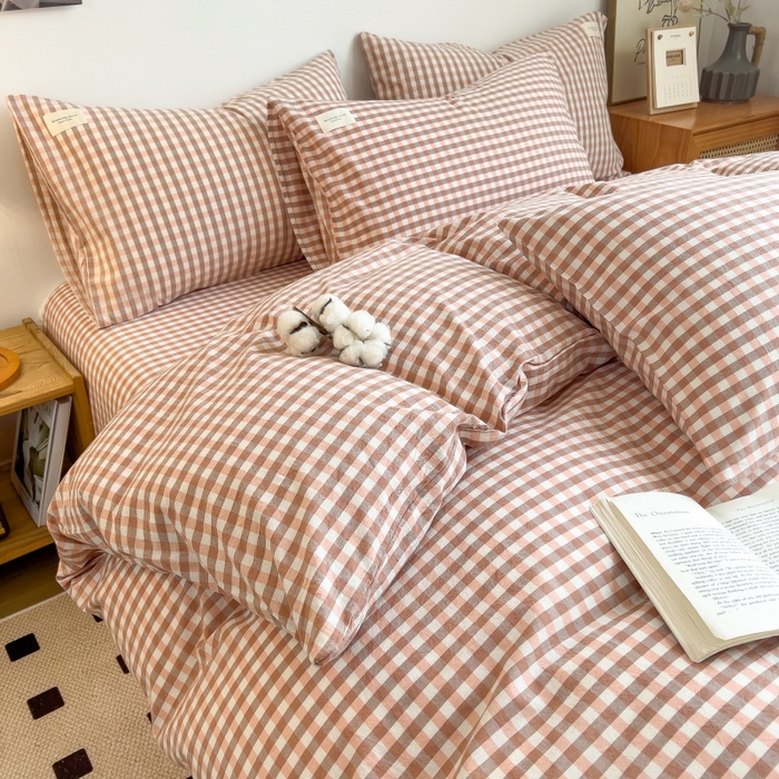 91家纺网 家纺一手货源 找家纺 2024新款无印风水洗棉亲肤简约学生三件套 玉小格