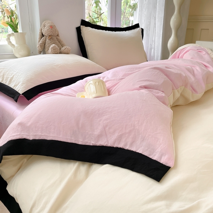 91家纺网 家纺一手货源 找家纺 慕澄家纺 2024新款美拉德风双拼四件套 美拉德-米白+浅粉