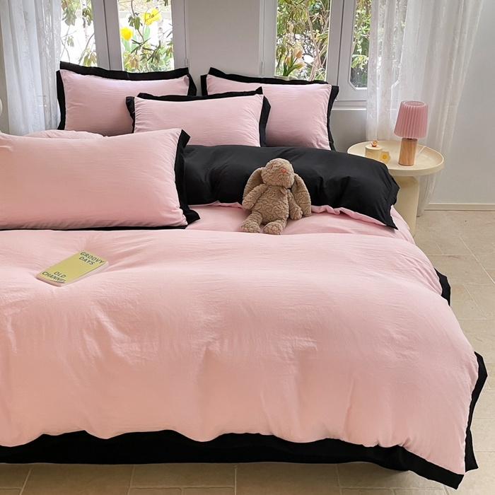 91家纺网 家纺一手货源 找家纺 慕澄家纺 2024新款美拉德风双拼四件套 美拉德-粉+黑