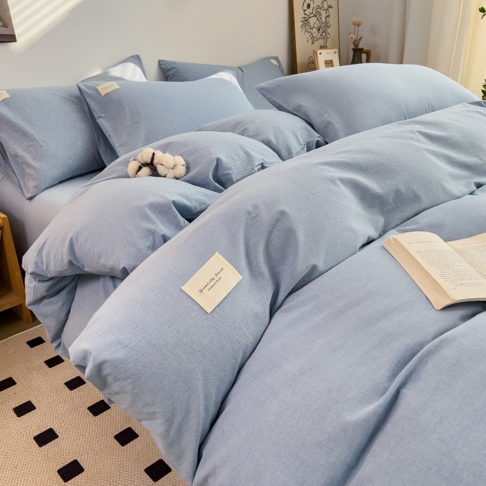 91家纺网 家纺一手货源 找家纺 2024新款无印风水洗棉亲肤简约学生三件套 优雅蓝