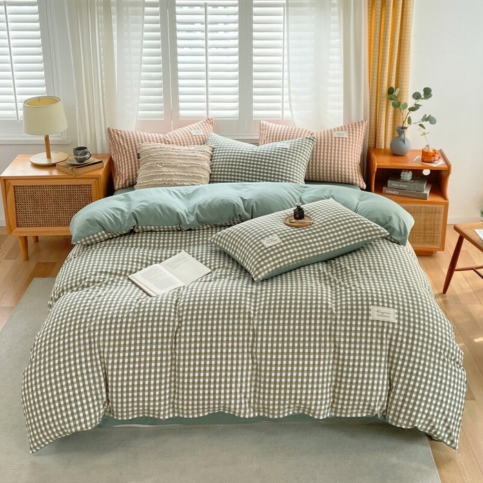 91家纺网 家纺一手货源 找家纺 2024新款无印风水洗棉亲肤简约学生三件套 小方绿