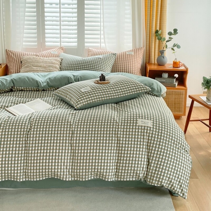 91家纺网 家纺一手货源 找家纺 2024新款无印风水洗棉亲肤简约学生三件套 小方绿