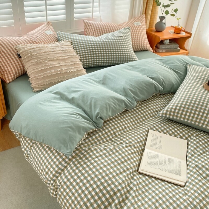 91家纺网 家纺一手货源 找家纺 2024新款无印风水洗棉亲肤简约学生三件套 小方绿