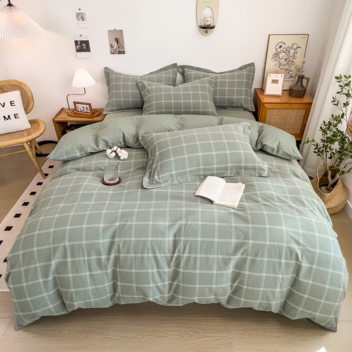 91家纺网 家纺一手货源 找家纺 2024新款无印风水洗棉亲肤简约学生三件套 格韵绿