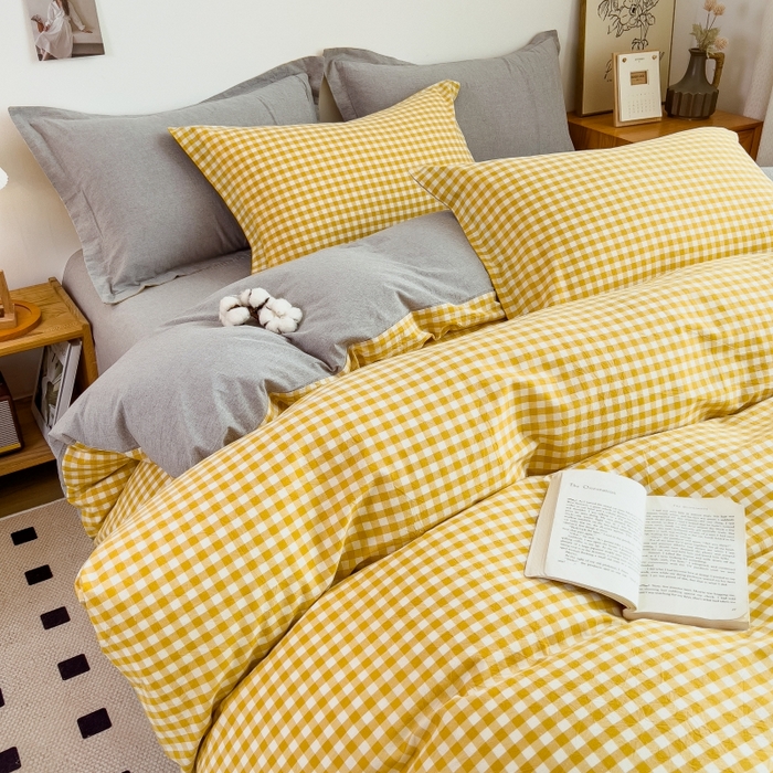 91家纺网 家纺一手货源 找家纺 2024新款无印风水洗棉亲肤简约学生三件套 小黄格