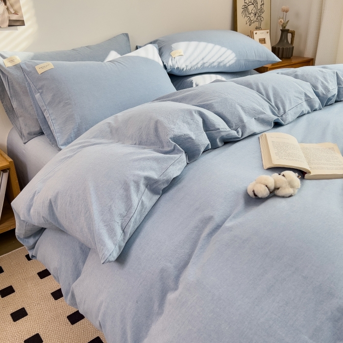 91家纺网 家纺一手货源 找家纺 2024新款无印风水洗棉亲肤简约学生三件套 优雅蓝