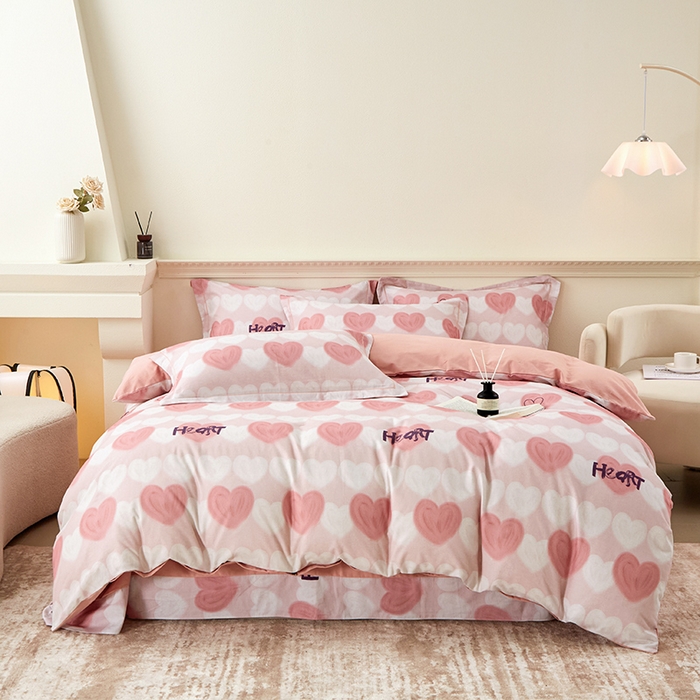 91家纺网 家纺一手货源 找家纺 橙艺家居 2024新款全棉超柔生态磨毛四件套全棉四件套纯棉四件套 心心相印-粉