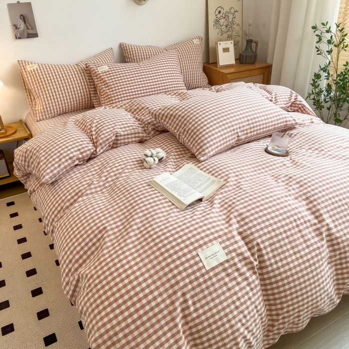 91家纺网 家纺一手货源 找家纺 2024新款无印风水洗棉亲肤简约学生三件套 玉小格