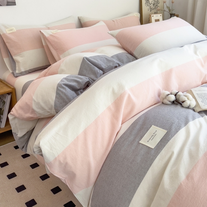 91家纺网 家纺一手货源 找家纺 2024新款无印风水洗棉亲肤简约学生三件套 桃玉粉