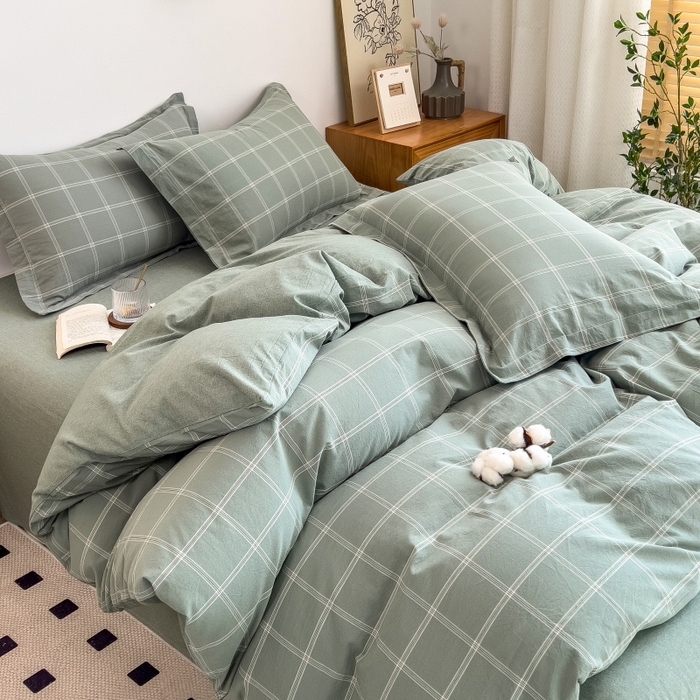 91家纺网 家纺一手货源 找家纺 2024新款无印风水洗棉亲肤简约学生三件套 格韵绿