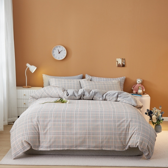 91家纺网 家纺一手货源 找家纺 2024新款无印风水洗棉亲肤简约学生三件套 曼森灰格