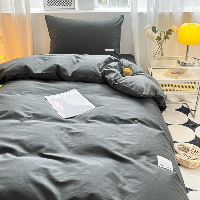 91家纺网 家纺一手货源 找家纺 蓝邻家纺 2024新款纯色水洗棉贴标四件套 高级灰