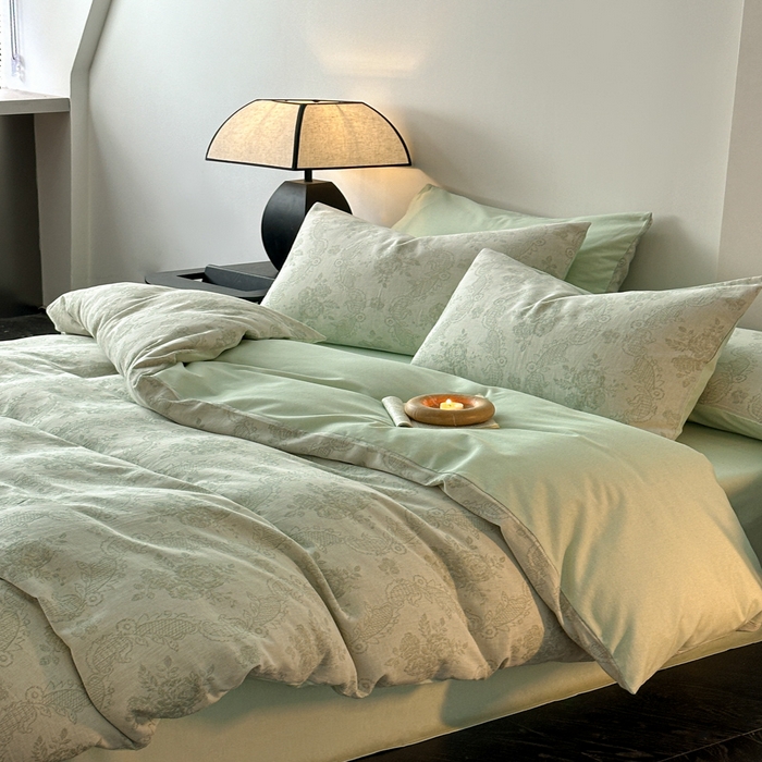 91家纺网 家纺一手货源 找家纺 博雅 2024新款全棉提花三层纱磨毛四件套（上图送2000元货款） 玫瑰面纱（绿）