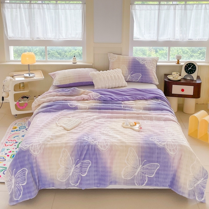 91家纺网 家纺一手货源 找家纺 言熙居家纺 2024新款AB版多功能盖毯被套 蝴蝶-粉紫