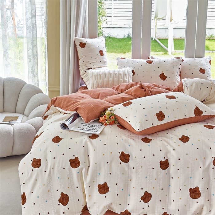 91家纺网 家纺一手货源 找家纺 富之航 2024新款云纱棉四件套现货供应 波点小熊