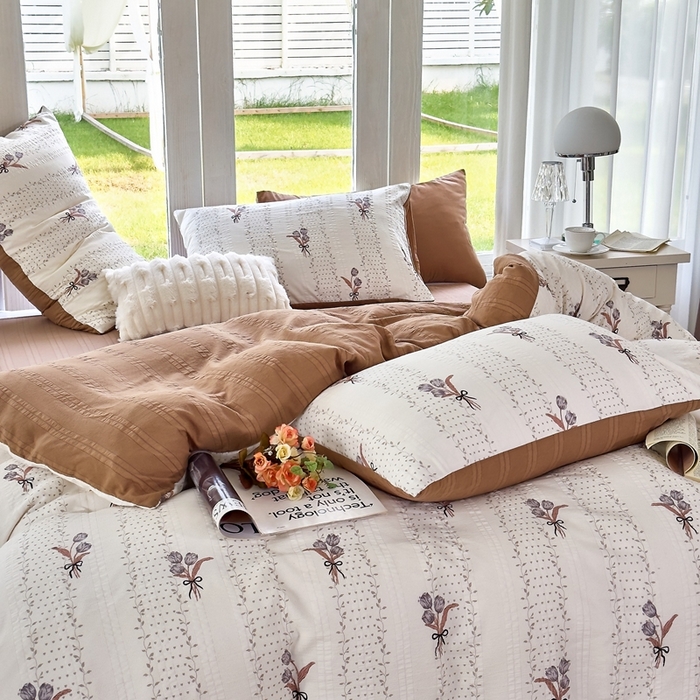 91家纺网 家纺一手货源 找家纺 富之航 2024新款云纱棉四件套现货供应 花艺咖