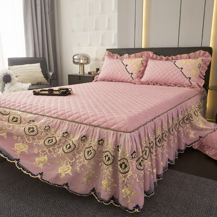 91家纺网 家纺一手货源 找家纺 罗艺轩 2024新款色织蕾丝夹棉床裙三件套-皇家贵族 皇家贵族-香妃粉