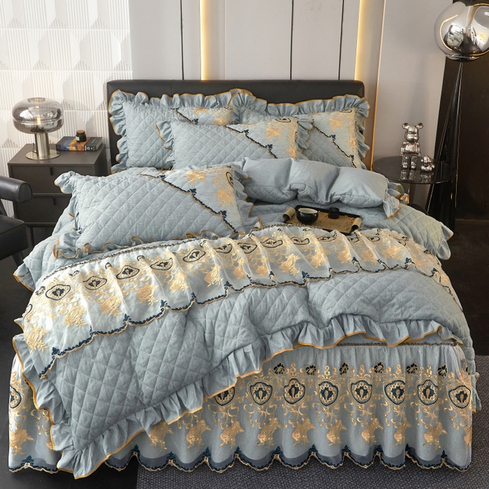 91家纺网 家纺一手货源 找家纺 罗艺轩 2024新款色织蕾丝夹棉床裙款四件套-皇家贵族 皇家贵族-石青色