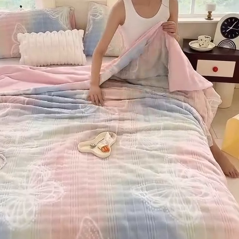 91家纺网 家纺一手货源 找家纺 言熙居家纺 2024新款AB版多功能盖毯被套 蝴蝶-粉蓝