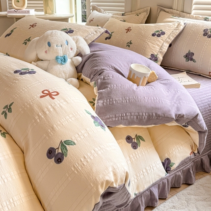 富之航家纺 2024爆款提花四件套云彩棉提花床盖四件套 蓝莓果