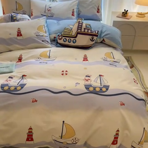 91家纺网 家纺一手货源 找家纺 博雅 2024新款全棉宇航员印花单床笠单被套 航海家