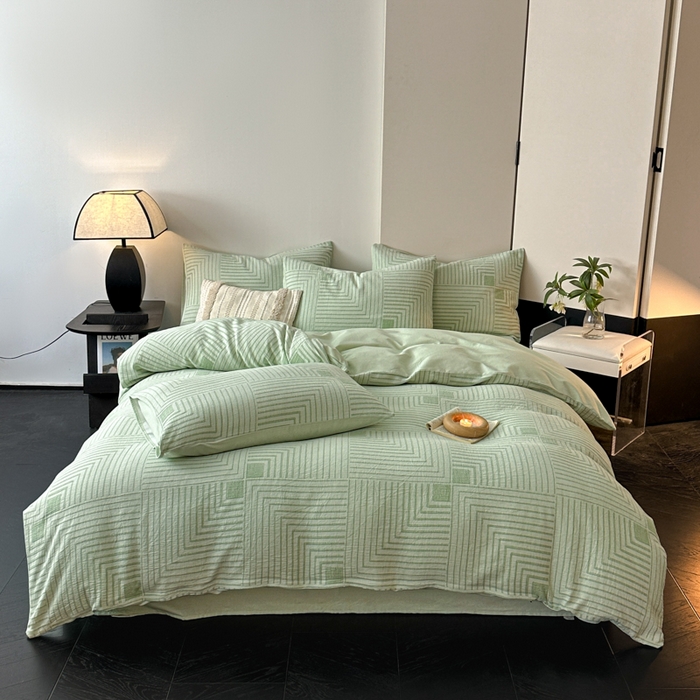 91家纺网 家纺一手货源 找家纺 博雅 2024新款全棉提花三层纱磨毛四件套（上图送2000元货款） 意象空间（绿）