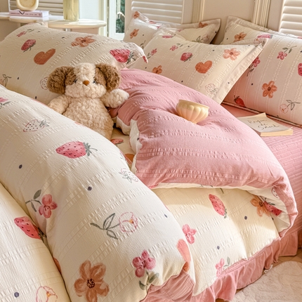 富之航家纺 2024爆款提花四件套云彩棉提花床盖四件套 甜梅