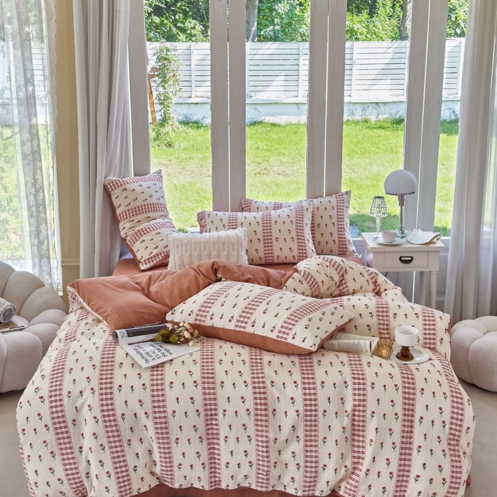 91家纺网 家纺一手货源 找家纺 富之航 2024新款云纱棉四件套现货供应 复古玫瑰