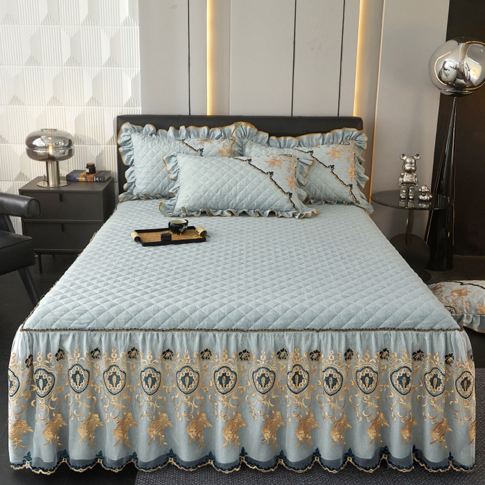 91家纺网 家纺一手货源 找家纺 罗艺轩 2024新款色织蕾丝夹棉床裙三件套-皇家贵族 皇家贵族-石青色