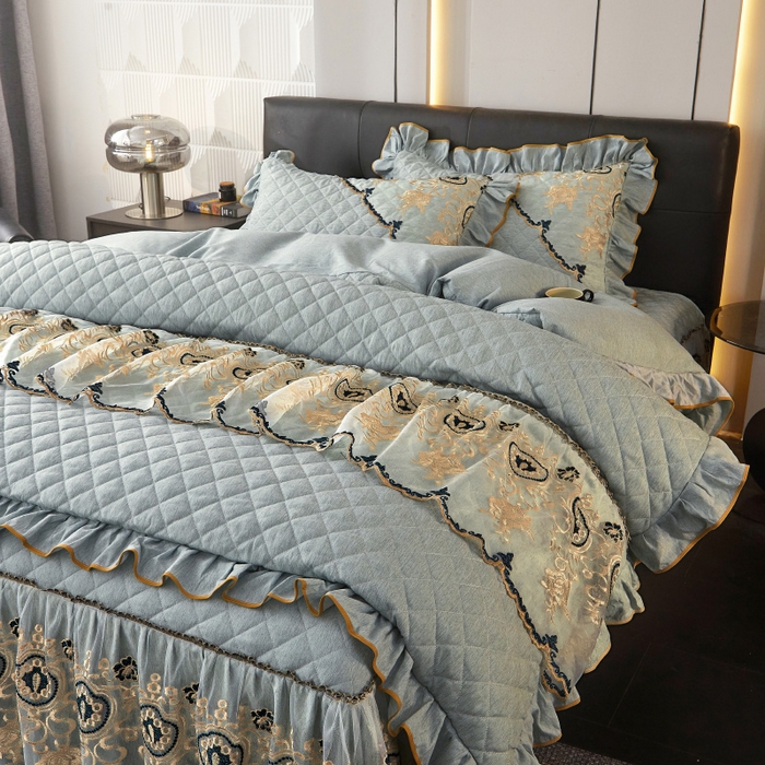 91家纺网 家纺一手货源 找家纺 罗艺轩 2024新款色织蕾丝夹棉床裙款四件套-皇家贵族 皇家贵族-石青色