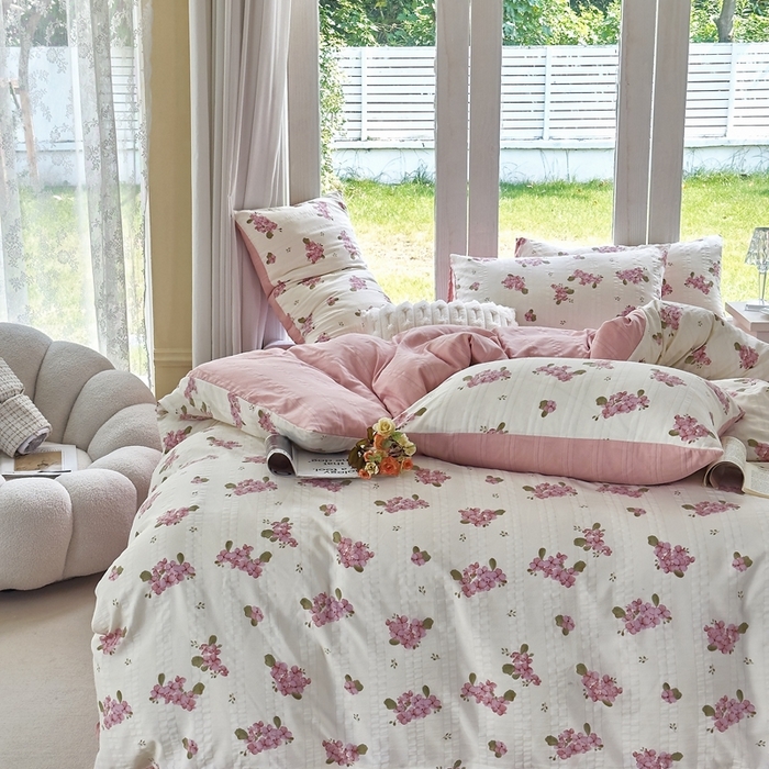 91家纺网 家纺一手货源 找家纺 富之航 2024新款云纱棉四件套现货供应 粉黛罗