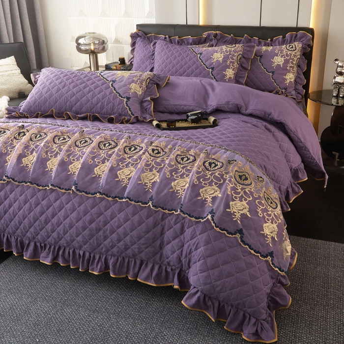 91家纺网 家纺一手货源 找家纺 罗艺轩 2024新款色织蕾丝夹棉床裙款四件套-皇家贵族 皇家贵族-魅力紫