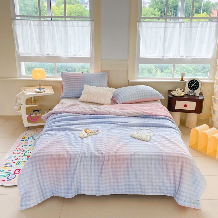 91家纺网 家纺一手货源 找家纺 言熙居家纺 2024新款AB版多功能盖毯被套 泡芙-蓝粉