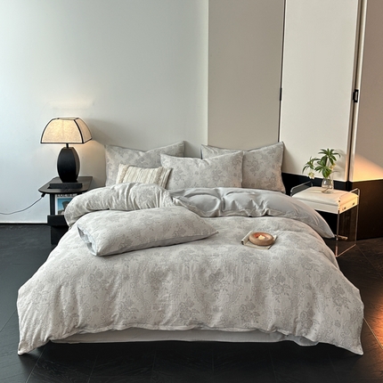 博雅 2024新款全棉提花三层纱磨毛四件套（上图送2000元货款） 玫瑰面纱（灰）