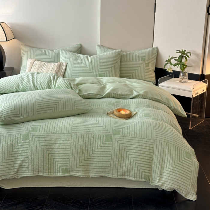 91家纺网 家纺一手货源 找家纺 博雅 2024新款全棉提花三层纱磨毛四件套（上图送2000元货款） 意象空间（绿）