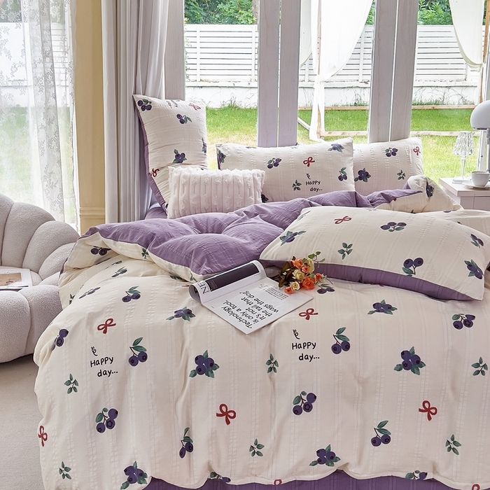 91家纺网 家纺一手货源 找家纺 富之航 2024新款云纱棉四件套现货供应 蓝莓