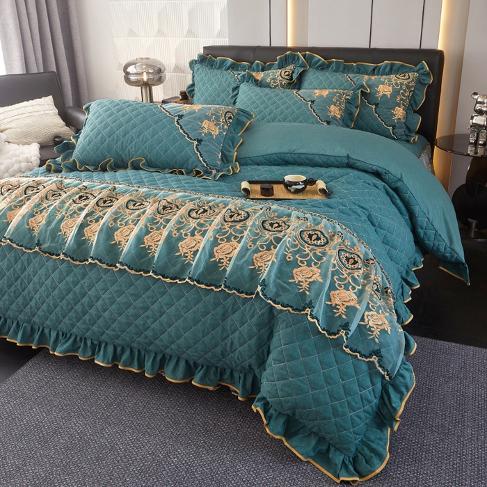 91家纺网 家纺一手货源 找家纺 罗艺轩 2024新款色织蕾丝夹棉床裙款四件套-皇家贵族 皇家贵族-黛绿色